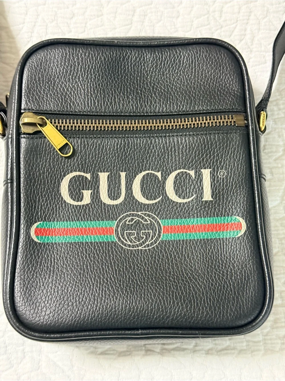 Gucci Black Leather Messenger Bag with Green-Red Web Stripe